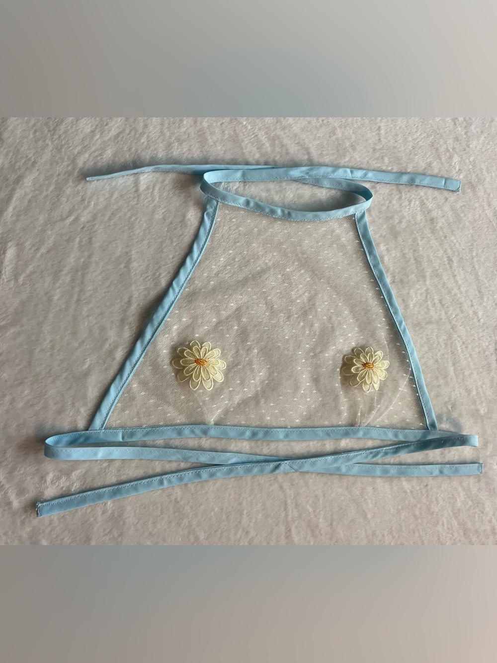 Sheer Blue Lace-Up Bralette with Daisy Appliqués